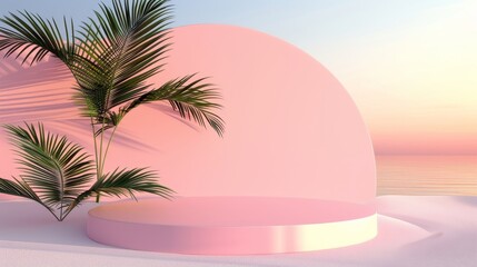 Minimalist podium display with tropical palm leaf on clean and elegant abstract background