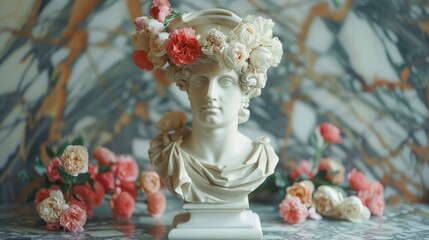 Antique Male Bust with Carnation Bouquet in Hat - Vintage Decor