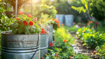 A photo illustrating sustainable water usage practices, such as rainwater harvesting systems, water-saving appliances, or xeriscaped gardens, emphasizing the importance of conserving water resources.