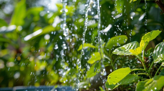 A photo illustrating sustainable water usage practices, such as rainwater harvesting systems, water-saving appliances, or xeriscaped gardens, emphasizing the importance of conserving water resources.