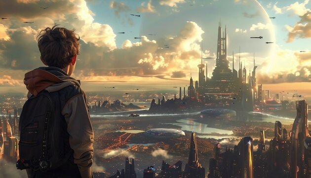 Future Exploration, Inspire curiosity about the future with an image showing a traveler exploring futuristic landscapes or cityscapes, AI