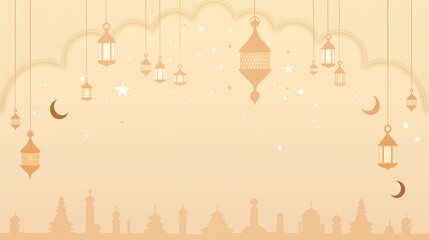 Ramadan Serenity, Minimalist Mosque, Lanterns, and Stars Illustration for Background