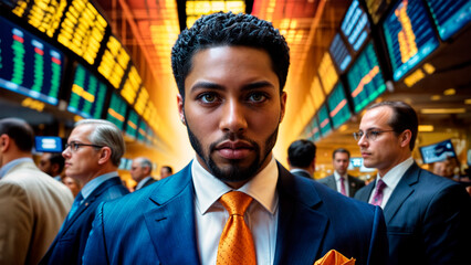A man in a suit and orange tie stands in front of a crowd of other men. e room has a variety of colors on the walls, and there are multiple TV screens displaying financial information. - obrazy, fototapety, plakaty