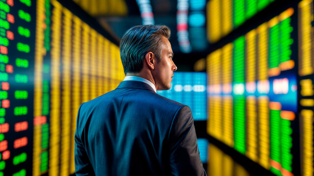 A man in a suit looks at a wall of stock tickers.