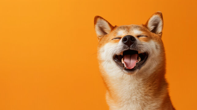 Happy smiling shiba inu dog isolated on orange background with copy space. Japanese dog smile portrait