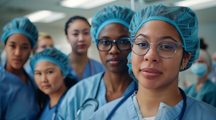 a healthcare setting, highlighting women professionals in various roles, from surgeons to nurses, working together. The emphasis is on teamwork, compassion, and dedication