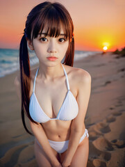 夏の夕暮れのビーチで水着を着た寂しげな若い女性