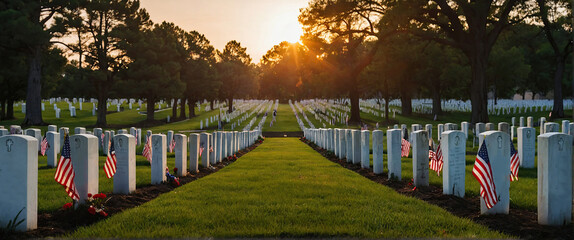 Rows of U.S. service members graves with American flags at sunset in the National Cemetery Memorial...