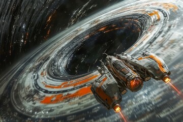 Futuristic Spaceship Approaching a Vortex in Space Concept Art Illustration for Sci Fi and Adventure