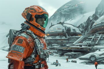 Futuristic Explorer in Orange Spacesuit Overlooking a Snowy Alien Base with Spaceships