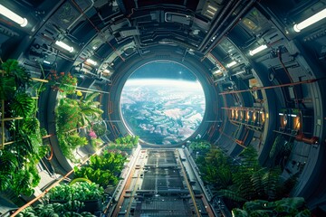 Futuristic Space Station Interior with View of Earth, Lush Greenery and Advanced Technology - Powered by Adobe