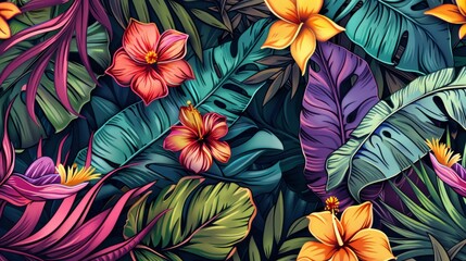 Fototapeta na wymiar Tropical background. Exotic Landscape, Hand Drawn Design. Luxury Wall Mural. Leaf and Flowers Wallpaper. 
