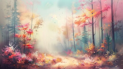 Naklejka na ściany i meble Artistic conception of beautiful landscape painting of nature of forest, background illustration, tender and dreamy design