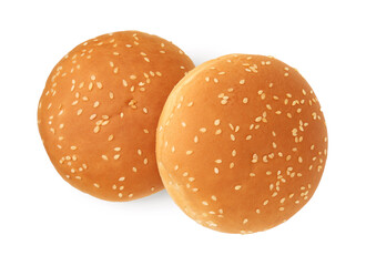 Fresh hamburger buns isolated on white, top view