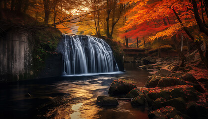 Small waterfall in the middle of colorful autumn forest with orange and yellow leaves and green moss on the rocks. The water has a smooth and silky texture, with the sun reflecting off its surface.