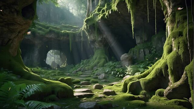 Journey through the tranquil depths of a tropical forest where an ancient temple stands gracefully, depicted in this seamless looping animation