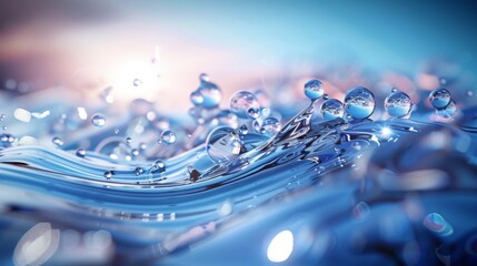 Macro shot of water droplets on a blue surface, displaying crisp clarity and reflective properties; Concept of purity, cleanliness, and macro photography
