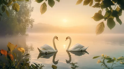 Fototapete Rund Couple of  swans swimming on the lake at sunset with leaves frame © Maizal