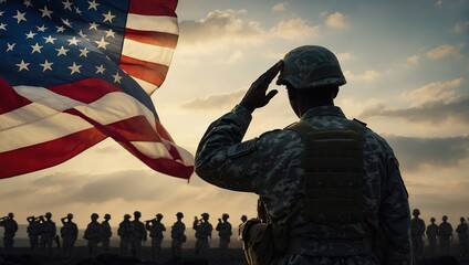 oldiers silhouette saluting the USA flag for Memorial or Veterans Day, 4 July, independence day,...
