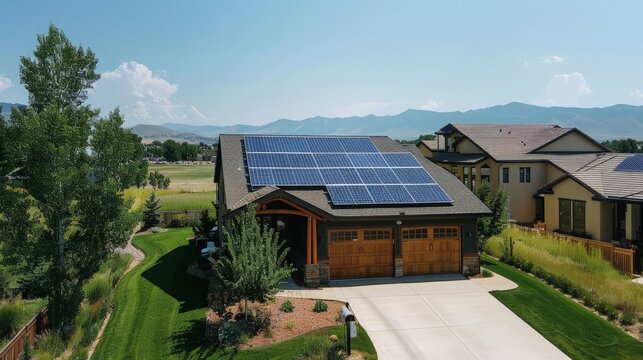 A photo showcasing a home or community powered by solar panels, emphasizing renewable energy's role in sustainable living and reducing carbon footprint.