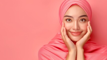 Radiant asian muslim woman smiling, wishing eid mubarak on pastel background with space for text