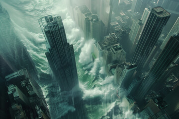 Realistic illustration of Tsunami hit the city 