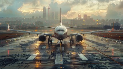 A sleek, modern aircraft taxiing along the runway of a bustling international airport, its metallic fuselage gleaming in the morning sunlight.