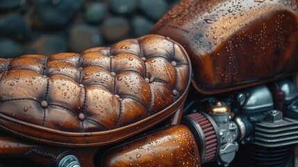 Close-up of a classic motorcycle's leather saddle, worn with age yet exuding timeless elegance and character.