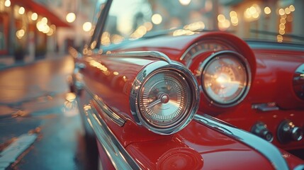 Close-up of a classic car's retro-inspired dashboard, adorned with chrome accents and vintage gauges, evoking a sense of nostalgia. - obrazy, fototapety, plakaty