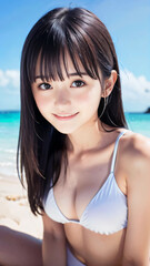 夏空のビーチで水着を着た笑顔の若い女性