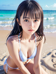 夏空のビーチで水着を着た寂しげな若い女性