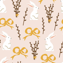 Willows twigs, rabbit, bow ribbon seamless pattern. Easter cute wallpaper. Botanical motifs scattered random. Colorful Holiday Print, Fabric, Textile, Fashion Vector Illustration on Pink Background. - obrazy, fototapety, plakaty