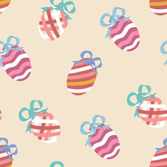 Easter Eggs with Bow Ribbon Seamless Pattern. Painted Striped Easter Egg Wallpaper. Colorful Holiday Print, Fabric, Textile, Fashion Vector Illustration on Beige Background. - obrazy, fototapety, plakaty