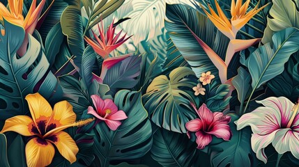 Fototapeta na wymiar Tropical background. Exotic Landscape, Hand Drawn Design. Luxury Wall Mural. Leaf and Flowers Wallpaper. 