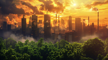 sunrise over the polluted city