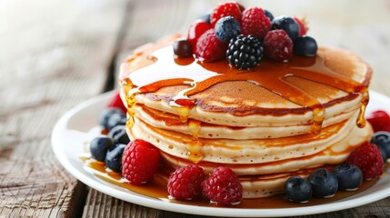 Delicious american pancakes with fresh berries and honey on white background, copy space available