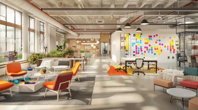 modern, open-plan office space designed for collaboration, featuring modular furniture, whiteboards filled with colorful notes, and a casual seating area where young professionals brainstorm ideas.