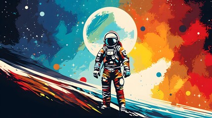 A vibrant illustration of an astronaut with a backdrop of the moon and a star-filled cosmos, symbolizing exploration and discovery.