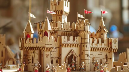 A playful scene depicting children building an elaborate castle fortress out of cardboard and household items, dressed as knights and royalty, embarking on imaginative medieval adventures.