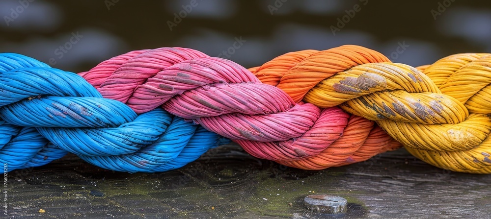Poster diverse team strength in rope network unity, cooperation with colorful braid background.