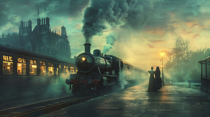 A poignant scene of a farewell at an old train station, with steam from the locomotive blurring the figures, evoking a sense of nostalgia, departure, and the bittersweet nature of goodbyes. - 766023236