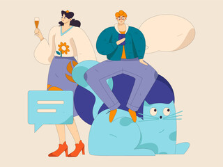 Virtual characters social communication concept business flat vector hand drawn illustration
