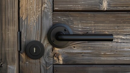 A textured wooden backdrop with a matte black door handle and lock. - obrazy, fototapety, plakaty