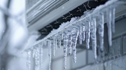 After freezing rain, a bright spring day. The air conditioner's icicles.