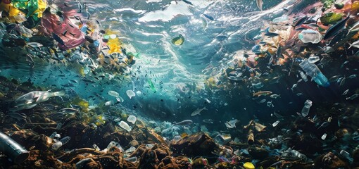 A powerful underwater current swirling with plastic waste, contrasted with a crystal-clear stream teeming with life. Highlight the consequences of water pollution.