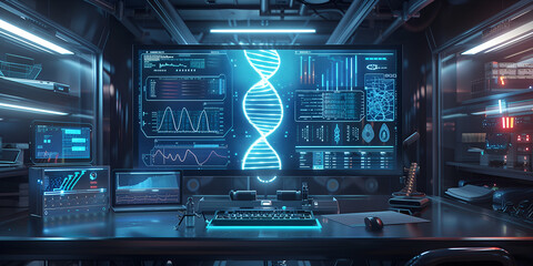 Obraz premium Dark office interior with glowing dna hologram. 3D Rendering