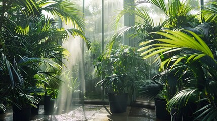 View from the exterior of a tropical greenhouse showing a variety of green potted plants behind a distorted glass wall. photosynthesis process. When there is humidity, water vapor is produced. - obrazy, fototapety, plakaty