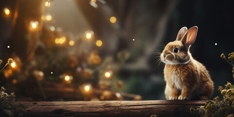 Cute rabbit sit on the wood light bokeh form nature - obrazy, fototapety, plakaty