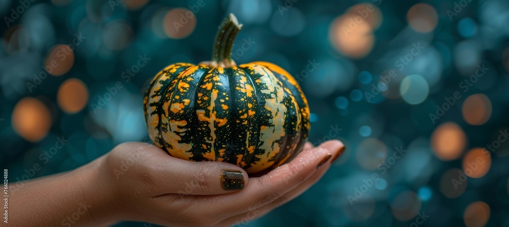 Poster Fresh yellow squash held in hand with blurred background for copy space and selection