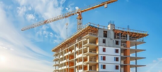 Unfinished building and crane on construction site with clear blue sky, ideal for adding text